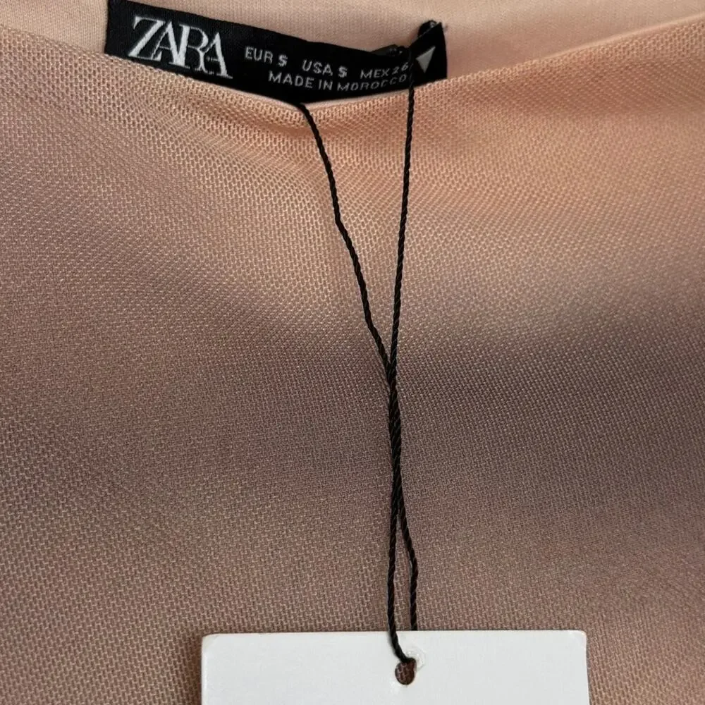 Zara Womens Asymmetrical Ruched Mesh Tank Tie Dye Tan Gray Size S - Picture 5 of 5